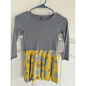 Tea Brand Dress Long Sleeve Dress 6 Stripes Floral Yellow fall winter flaw